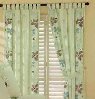 2 x drops linned tabbed top curtains with matching tiebacks
