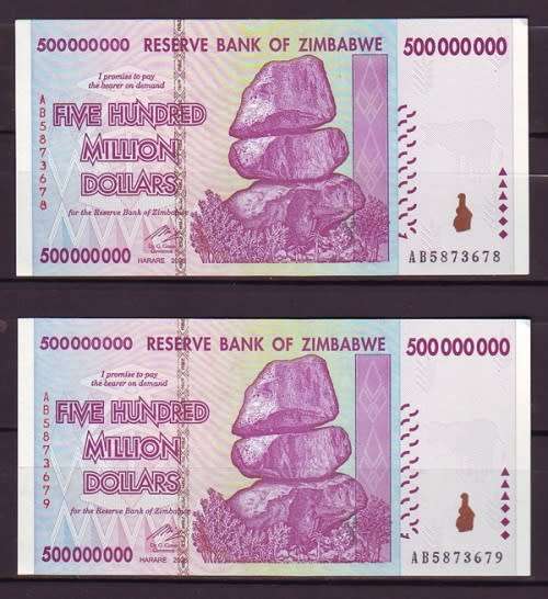 Zimbabwe 500 Million Dollar Notes - 2 Notes in Sequence