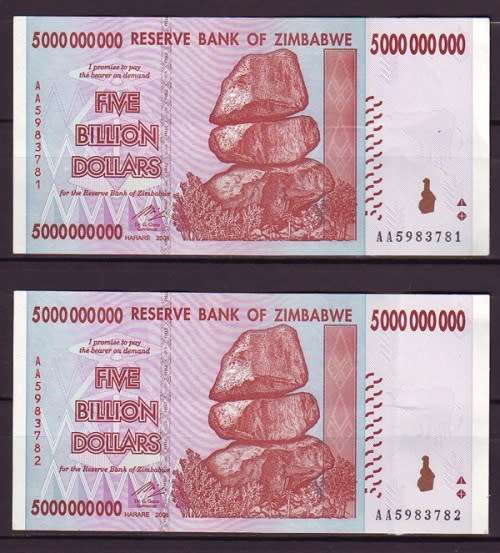 Zimbabwe 5 Billion Dollar Notes - 2 Notes in Sequence