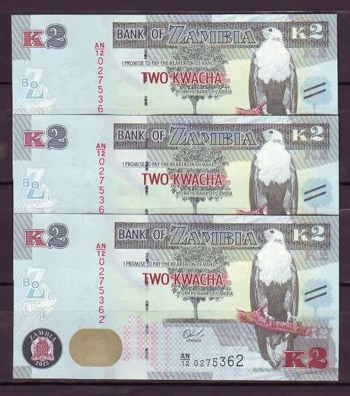 Zambia New Series - 2 Kwacha Notes UNC and In Sequence