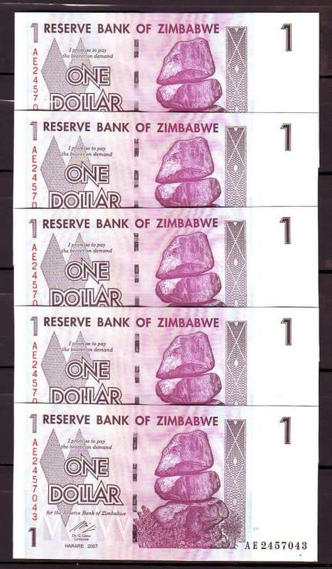 Zimbabwe 1 Dollar Notes - 5 Notes in Sequence