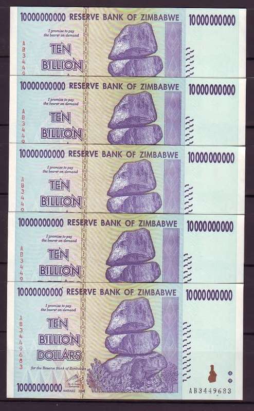 Zimbabwe 10 Billion Dollar Notes - 5 Notes in Sequence