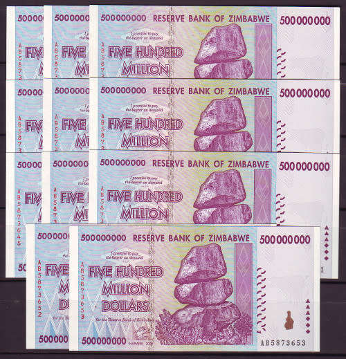 Zimbabwe 500 Million Dollar Notes - 10 Notes in Sequence