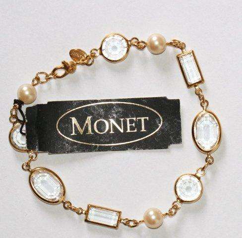 EXQUISITE VINTAGE MONET CRYSTAL AND FAUX PEARL BRACELET - ORIGINAL HANGTAG - UNWORN