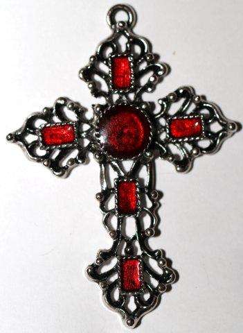 HUGE SILVERTONE CROSS - RED ENAMELS - UNWORN