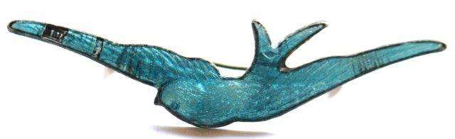 ANTIQUE COPPER SWALLOW BROOCH - GUILLOCHE ENAMEL