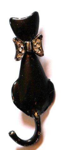 BLACK KITTY CAT BROOCH - ULTRACRAFT USA - DIAMANTE