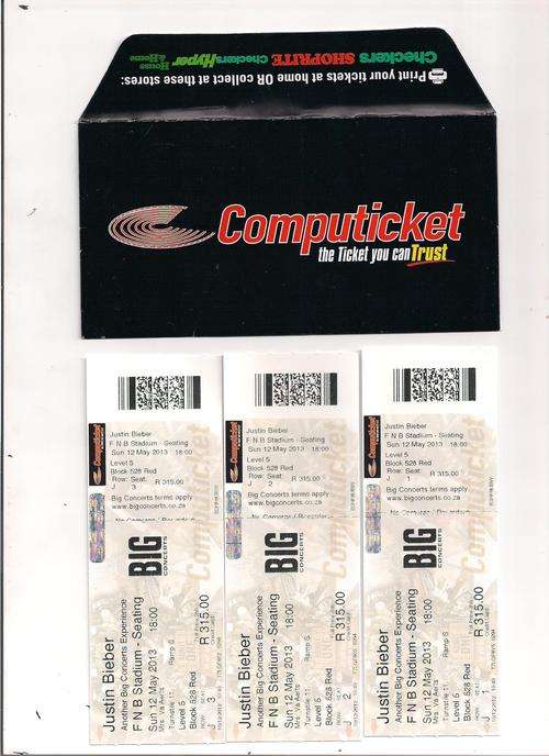 3 tickets justin bieber fnb stadium 12/5/2013