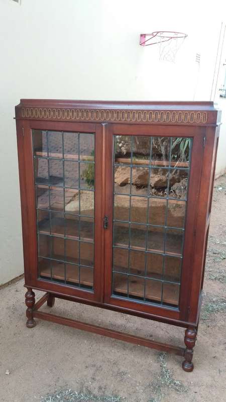 Charming Antique Wooden Bookshelf with Leaded Glass in Doors