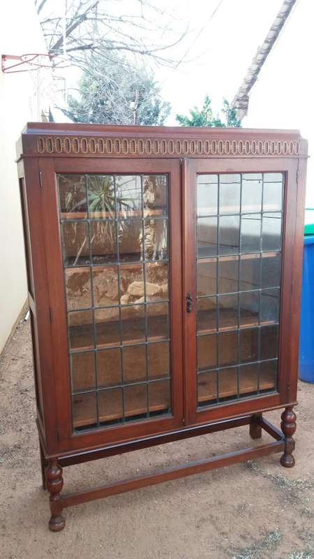 Charming Antique Wooden Bookshelf with Leaded Glass in Doors