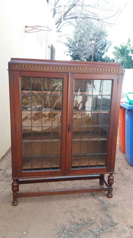 Charming Antique Wooden Bookshelf with Leaded Glass in Doors