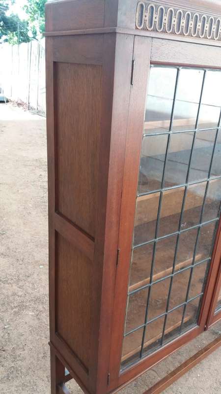 Charming Antique Wooden Bookshelf with Leaded Glass in Doors