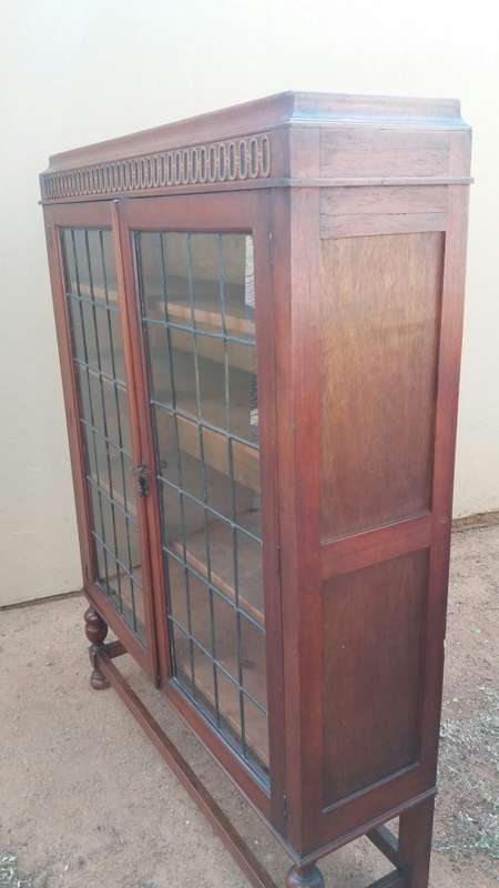 Charming Antique Wooden Bookshelf with Leaded Glass in Doors