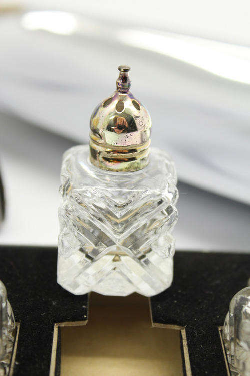 Platter and 4 Glass Salt Cellars with Silver Plated Tops