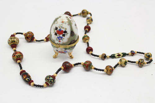 Handpainted Clay Bead Necklace and Faberge Inspired Porcelain Egg