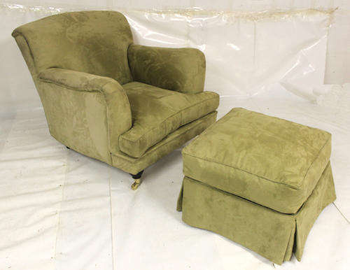 Superb Large Elegant Green Suede Chair on Castors with a Suede Ottoman in Fantastic Condition