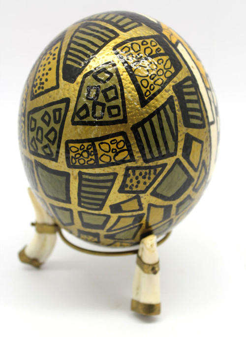 Collectable Painted Ostrich Egg Signed Corinne On Ivory and Brass Stand