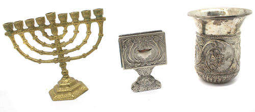 Kiddish Cup, Menorah and Match Box Holder Lot
