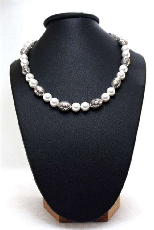40cm White 10mm South Sea Shell Pearls and Rodium-plate Silver Necklace by Cooper & Lombard Jewelry