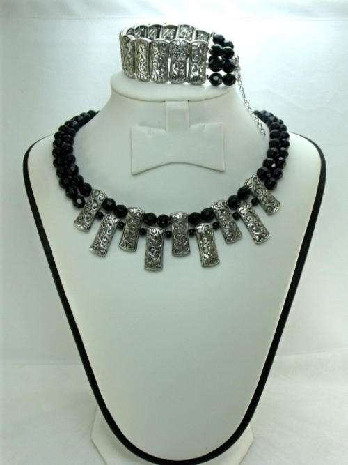 Bracelet & Necklace set in Black Crystals and Tibetan Silver by Cooper and Lombard Jewelry
