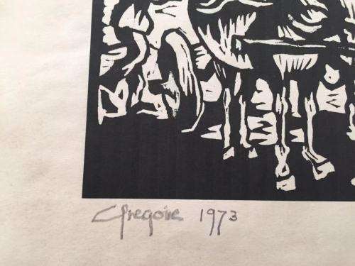 GREGOIRE BOONZAIER, TWO DONKEY CART LINOCUT