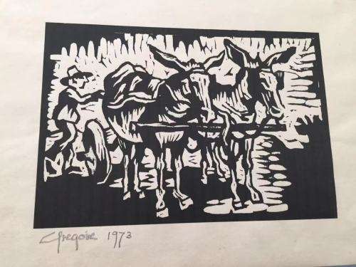 GREGOIRE BOONZAIER, TWO DONKEY CART LINOCUT
