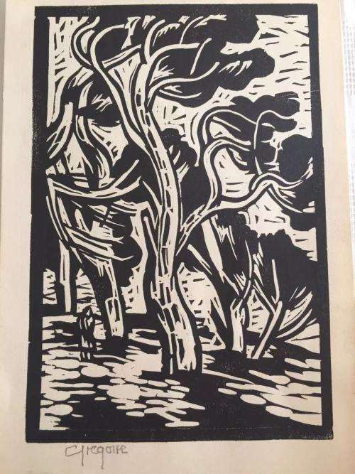 GREGOIRE BOONZAIER, TREES IN THE WIND LINOCUT