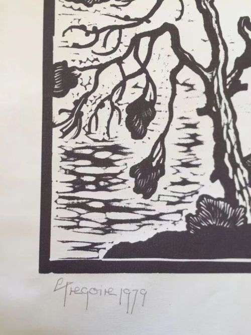 GREGOIRE BOONZAIER, TWO TREES, FLAT RAIN LINOCUT