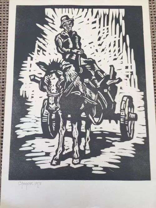 GREGOIRE BOONZAIER, MAN ON DONKEY CART LINOCUT