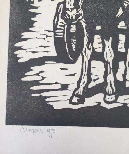 GREGOIRE BOONZAIER, MAN ON DONKEY CART LINOCUT