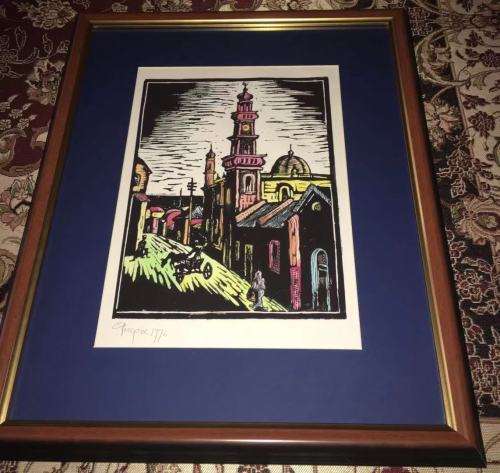 GREGOIRE BOONZAIER, MOSQUE AND DONKEY CART LINOCUT