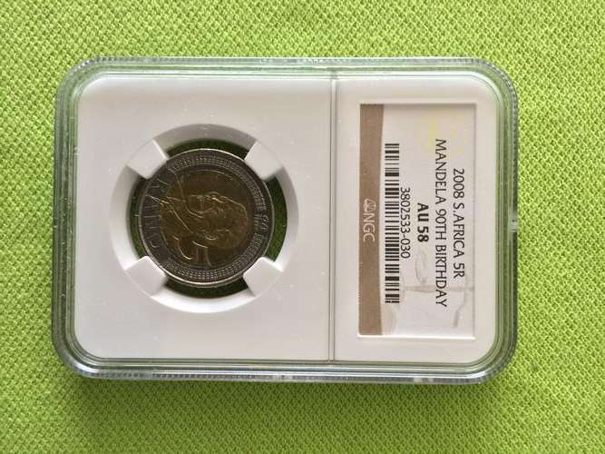 RARE NELSON MANDELA 90TH BIRTHDAY R5 - NGC AU58 - INVEST NOW AND START YOUR OWN COLLECTION