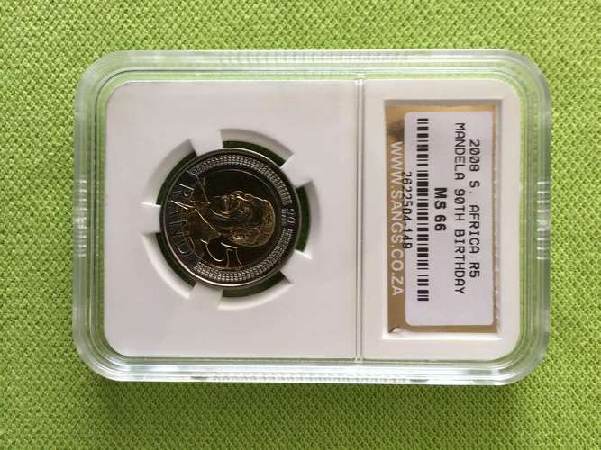 NELSON MANDELA 90TH BIRTHDAY R5 HIGH GRADE MS66 GOLD LABEL