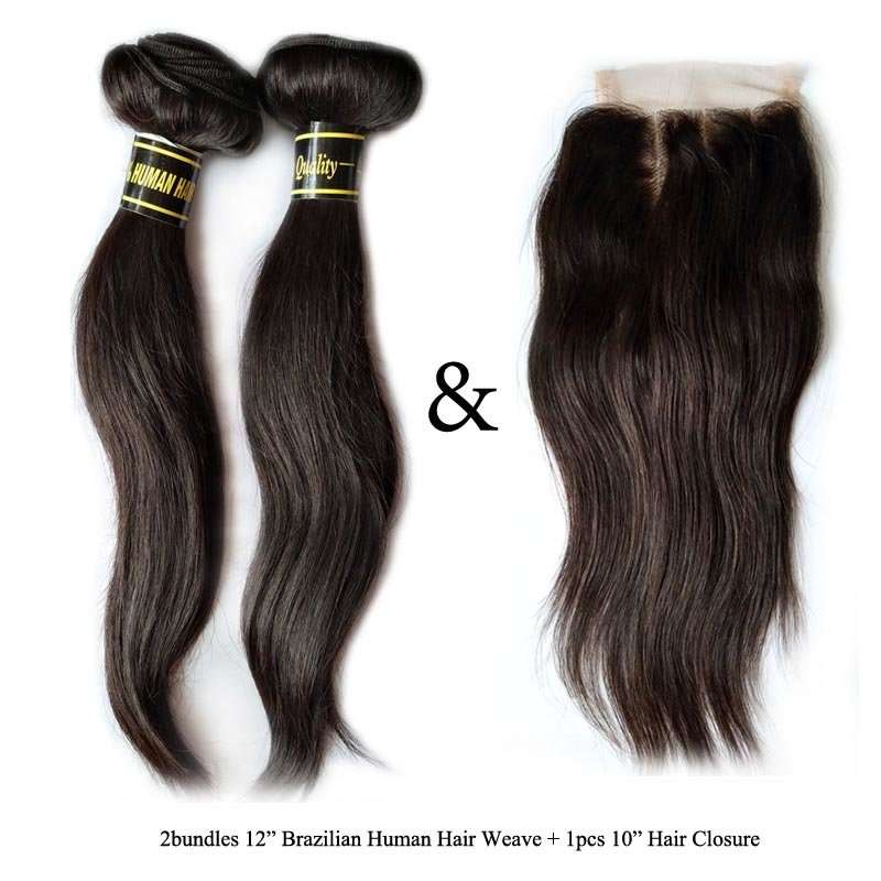 (2 bundles) 12" Brazilian Human Hair Straight and 1pcs 10" Hair Closure Color 1B#