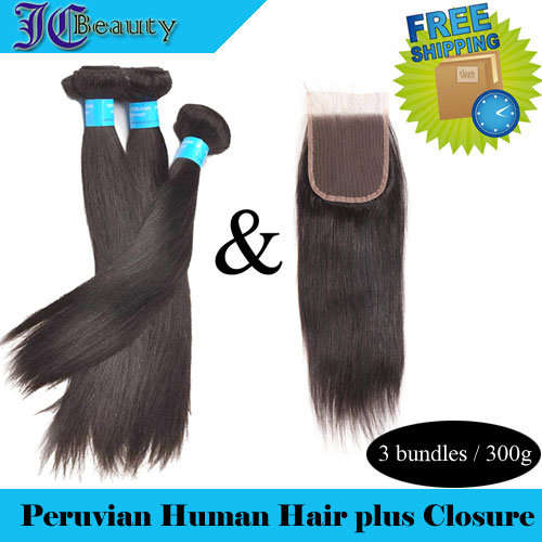 [Free Shipping for Promotion] 6A Peruvian Human Hair Weaves 3bundles with Closure 1B# 10"~24"