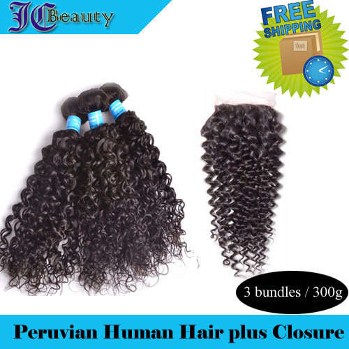[Free Shipping for Promotion] 6A Peruvian Human Hair 3bundles with Closure 1B# 10"~24" Curly