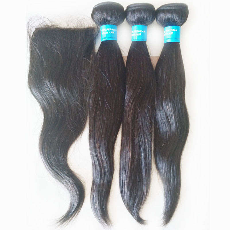 [Free Shipping] Peruvian Human Hair 14" Hair Weave with 12" Closure Straight 1B#