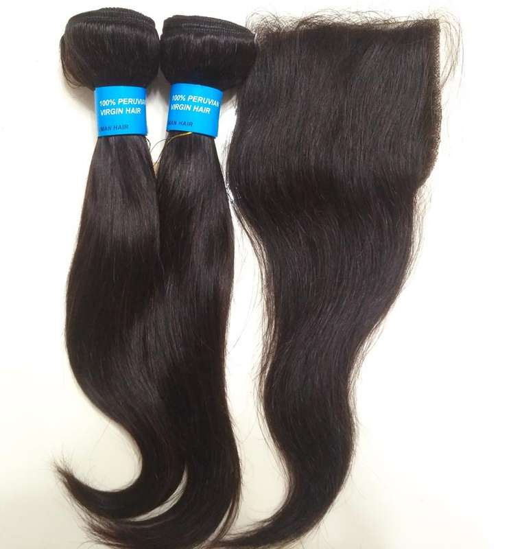 [Free Shipping] 100% Human Hair bundle weave with closure Straight 12inch 1B#