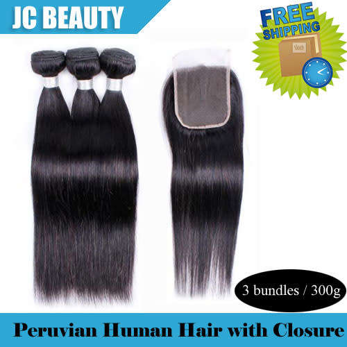 Peruvian Human Hair Bundles with Closure Straight
