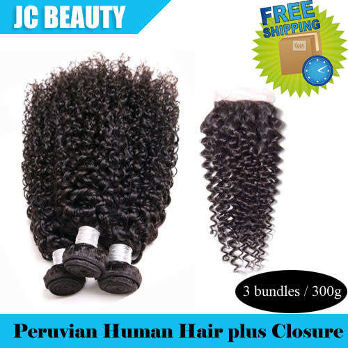 Peruvian Human Hair Bundles with Closure Curly [Free Shipping]