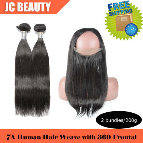 Brazilian Human Hair 2bundles with 360 Frontal Straight 1B# 12"~24"