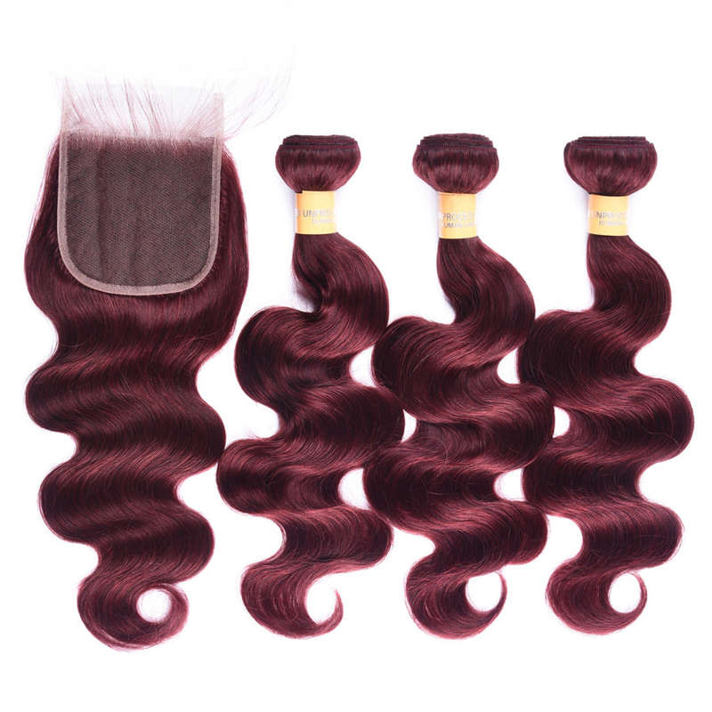 Human Hair 3bundles with closure color 99J#