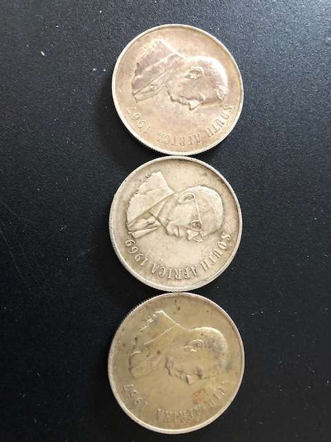 2 x 1967 plus 1969 RSA Silver R1 coins