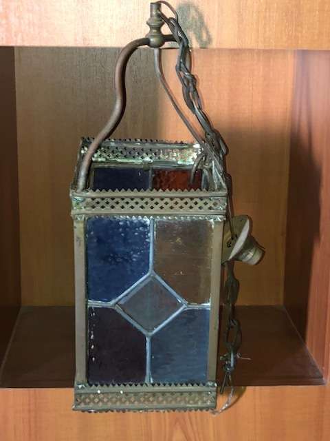 Antique brass and stained lead glass light fitting: Old!!!!