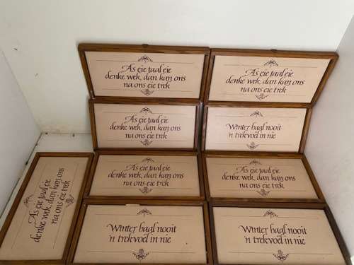 9 X Framed ceramic tiles in wooden frames with popular Afrikaans sayings Bid per item