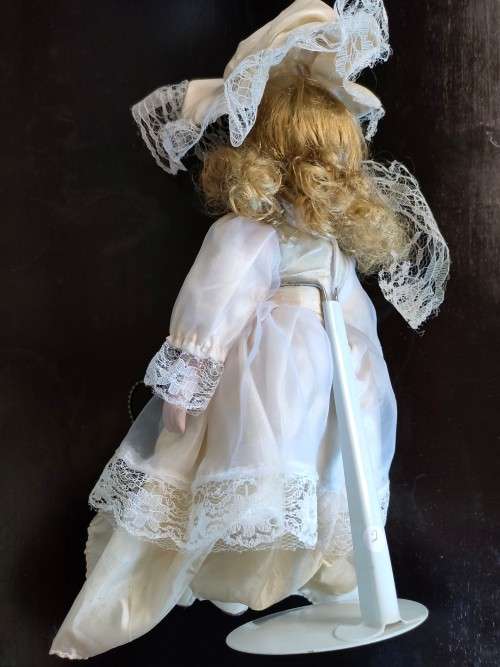 Gorgeous Quality Porcelain Doll with professionally made clothes on stand: See Description (2 of 4)
