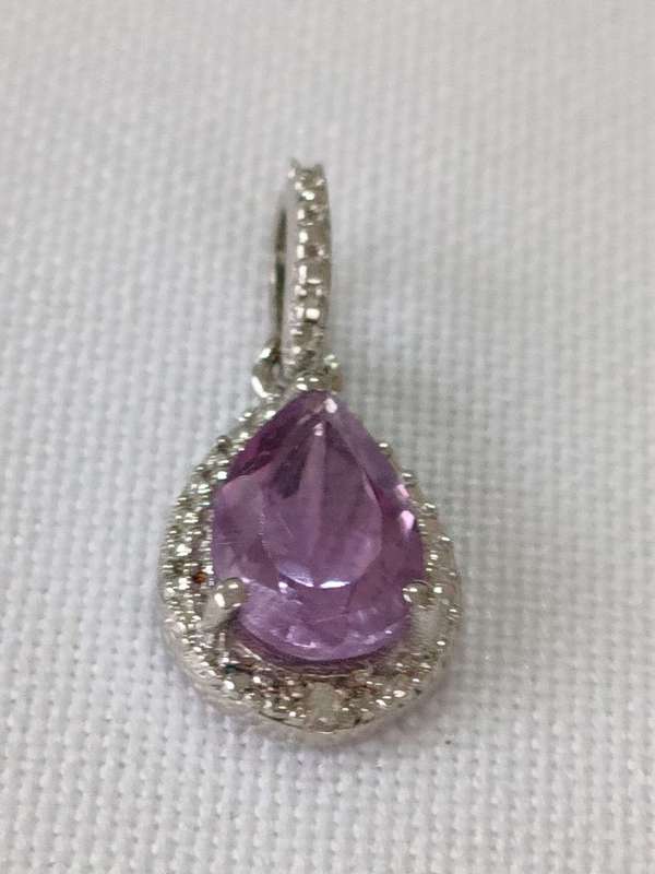 Amethyst and diamond sterling silver pendant - 925 stamped