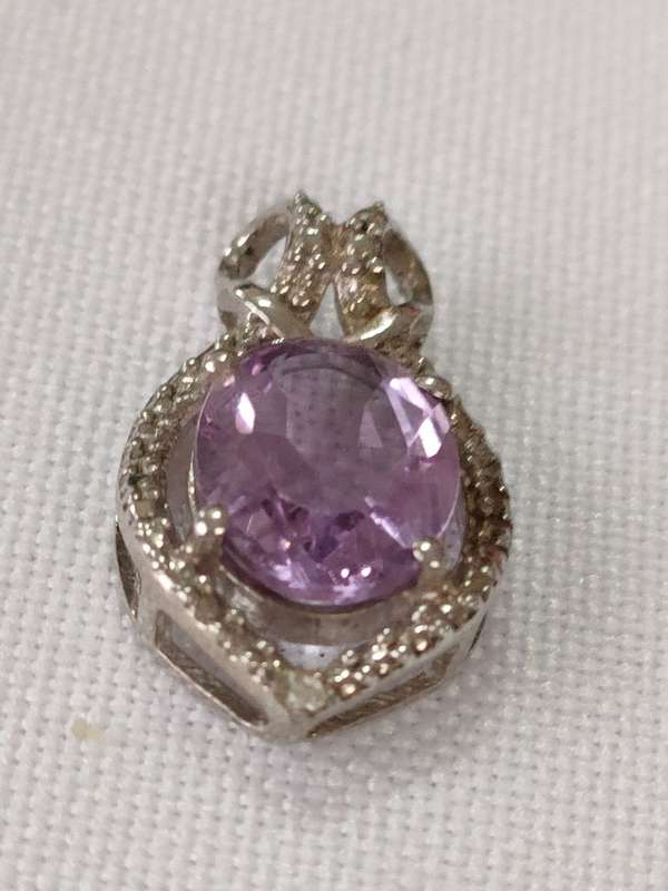 Amethyst and diamond sterling silver pendant - almost 4 carats