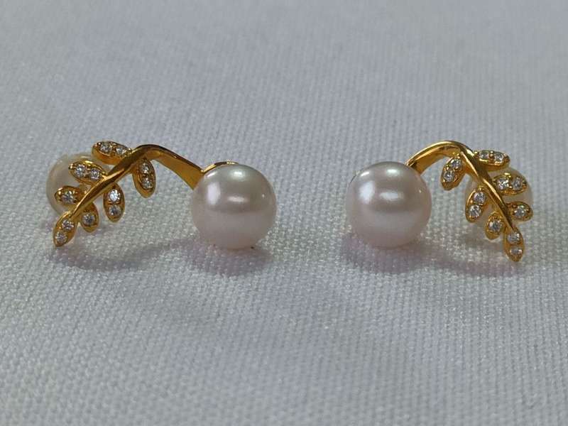 Pearl and diamond 9 ct gold over sterling silver stud earrings - 925 stamped