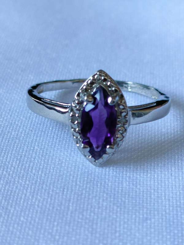 Amethyst and diamond sterling silver ring - size US 7 - 1.20 ct plus- stamped 925